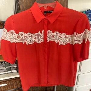 The Kooples silk and cream lace short sleeve blouse bright salmon/coral